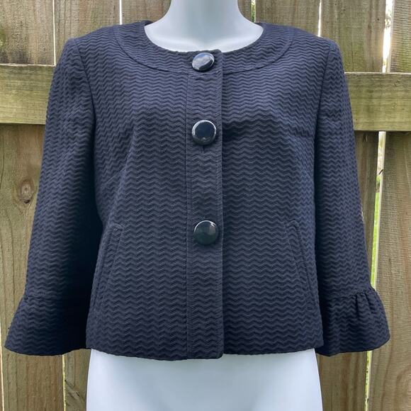 Ann Taylor Lt Jacket Navy Blue Textured 3 Button 3/4 Sleeve Pockets Cotton - Picture 1 of 8